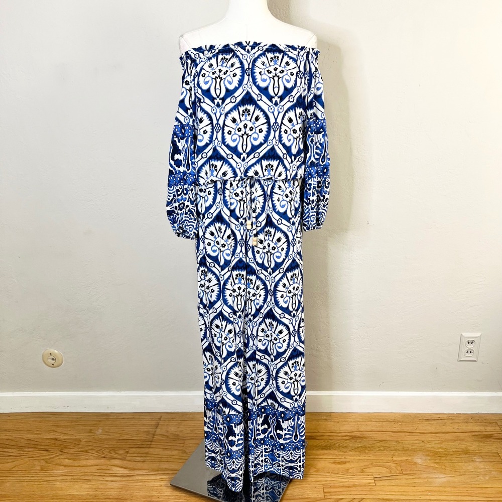 Haute Hippie Matching Set Blue White Ikat Off Shoulder Wide Leg Pant Boho Resort